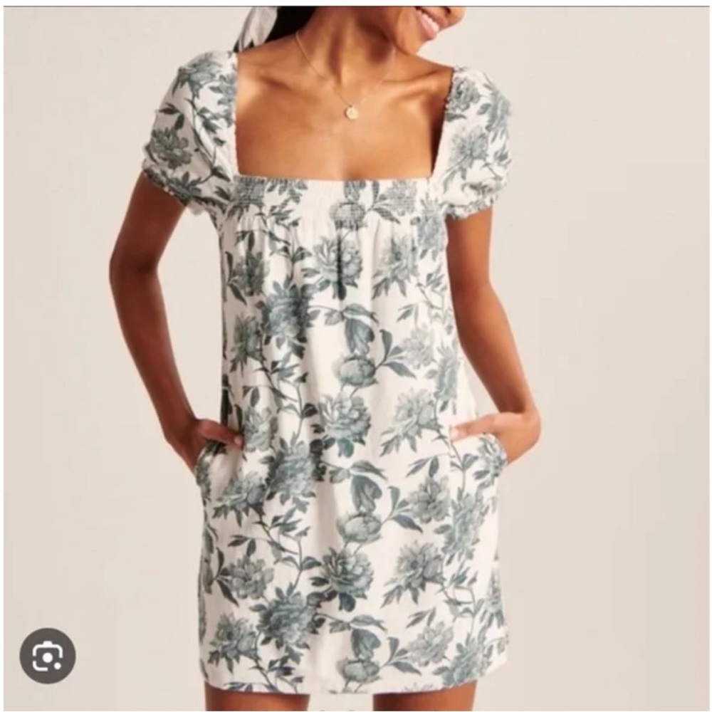 Abercrombie & Fitch floral Trapeze mini linen dress puff sleeves green size M